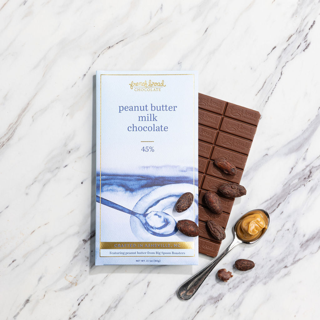 A Peanut Butter Milk Chocolate bar on marble, sent just because